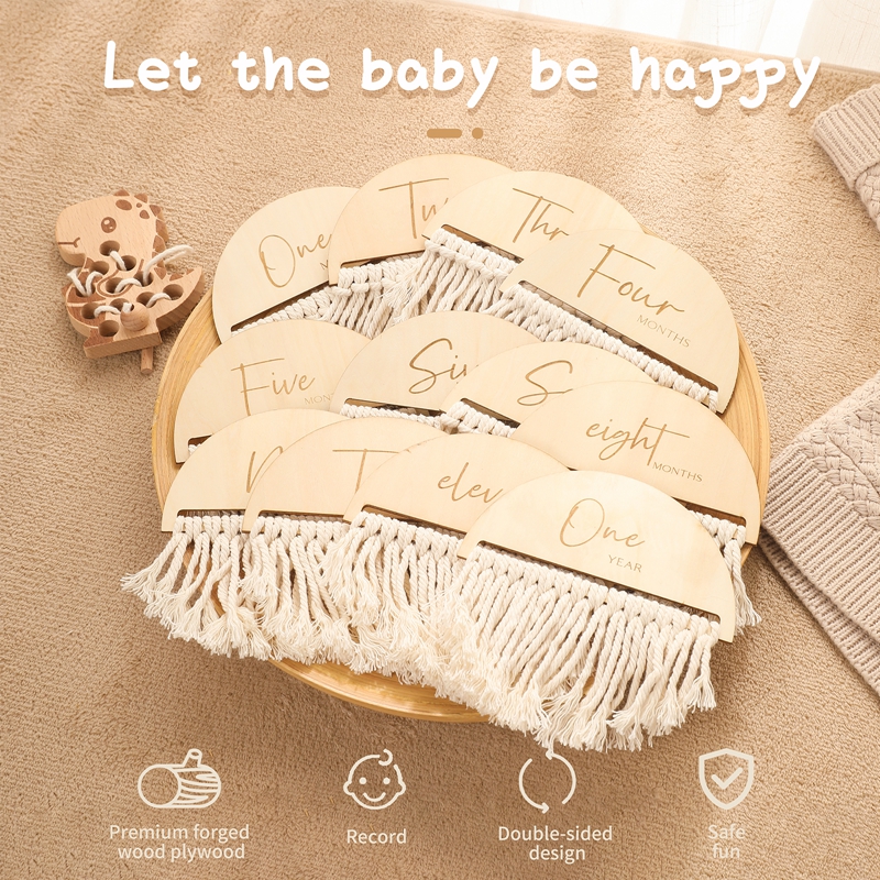7pcs Wooden Baby Monthly Growth Recording Card Infant Tassel Double Sided Wooden Milestones Newborn Photoshoot Props Shower Gift