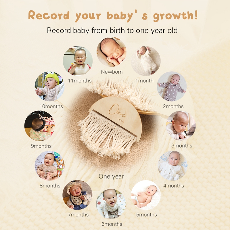 7pcs Wooden Baby Monthly Growth Recording Card Infant Tassel Double Sided Wooden Milestones Newborn Photoshoot Props Shower Gift