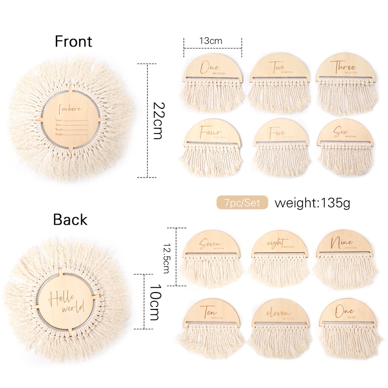 7pcs Wooden Baby Monthly Growth Recording Card Infant Tassel Double Sided Wooden Milestones Newborn Photoshoot Props Shower Gift