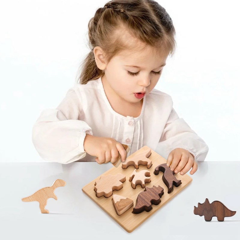 1Set Montessori Wooden Puzzle Toy 3D Dinosaur Stacking Blocks Geometric Baby Educational Toys Cognitive Ability Learning For Kid
