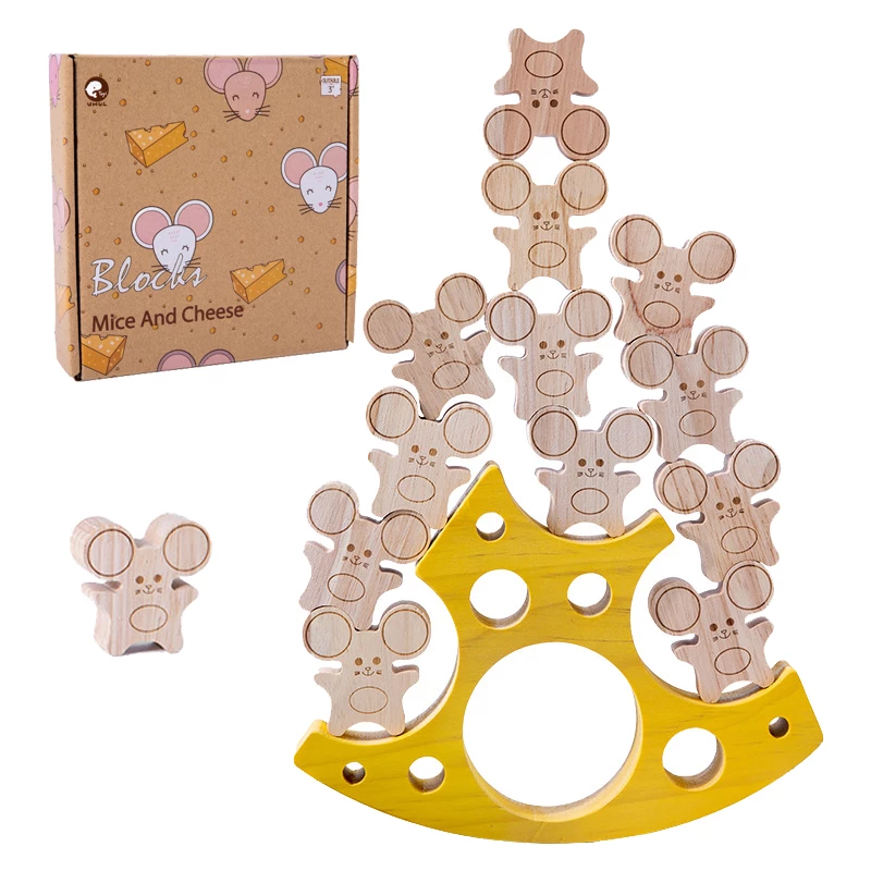 1 Set Montessori Wooden Balancing Games Blocks Toys Cute Mouse Cheese Building Block Puzzle Early Educational Toys For Kids