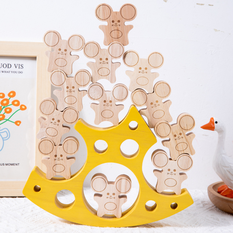 1 Set Montessori Wooden Balancing Games Blocks Toys Cute Mouse Cheese Building Block Puzzle Early Educational Toys For Kids
