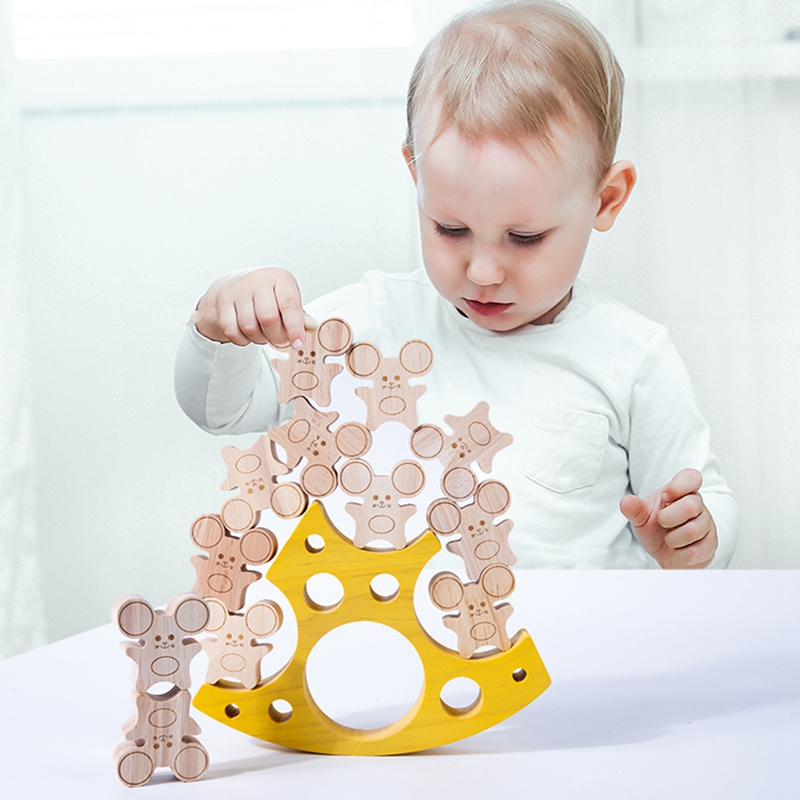 1 Set Montessori Wooden Balancing Games Blocks Toys Cute Mouse Cheese Building Block Puzzle Early Educational Toys For Kids