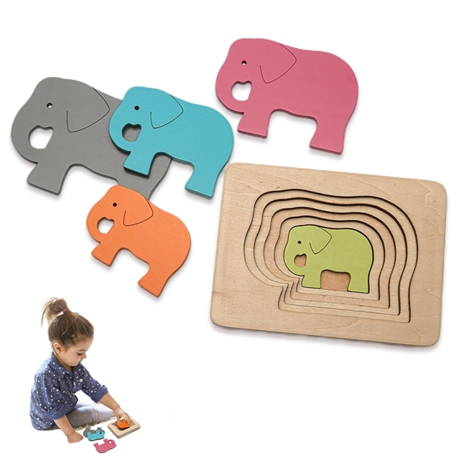 Wooden Toys For Children Carton Animal 3D Puzzle Multilayer Jigsaw Puzzles Preschool Learning Educational Game Baby Toddler Toy
