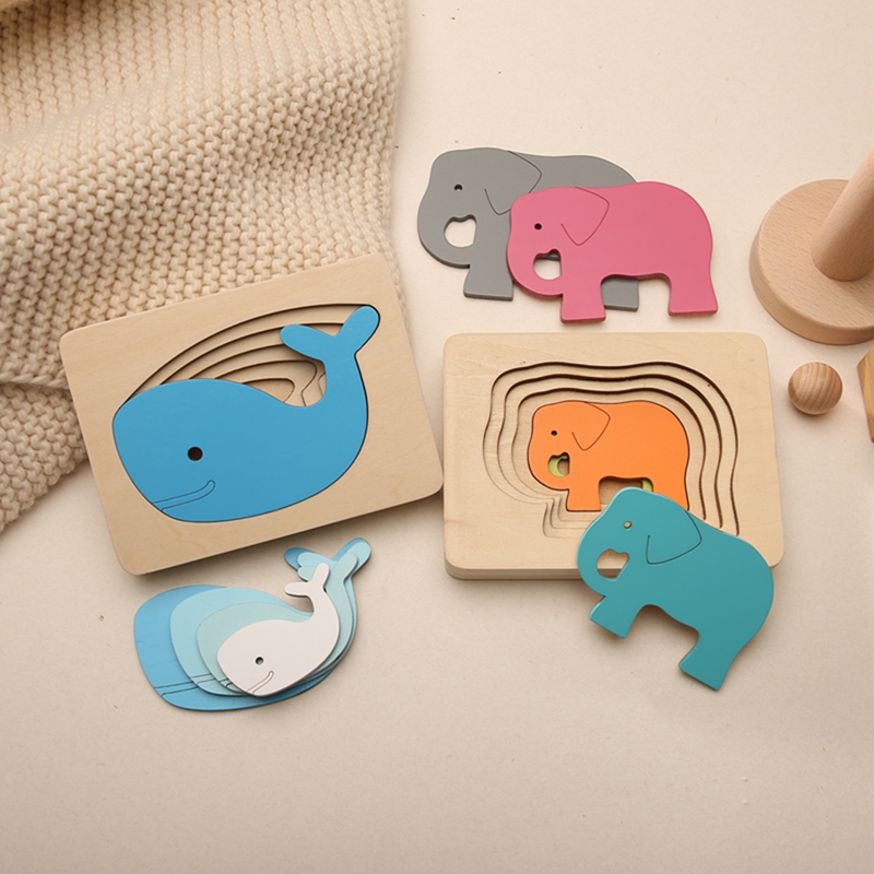 Wooden Toys For Children Carton Animal 3D Puzzle Multilayer Jigsaw Puzzles Preschool Learning Educational Game Baby Toddler Toy