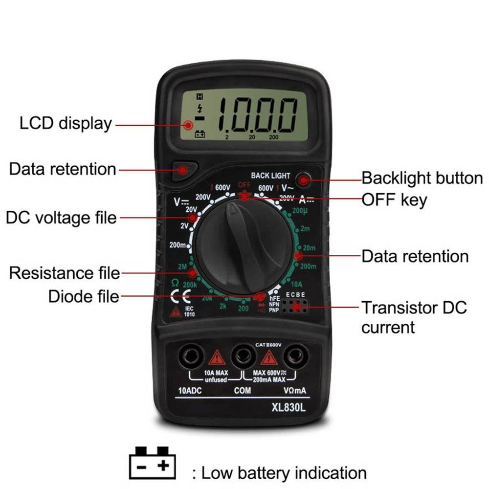 XL830L Handheld Digital Multimeter LCD Backlight Portable AC/DC Ammeter Voltmeter Ohm Voltage Tester Meter Multimetro