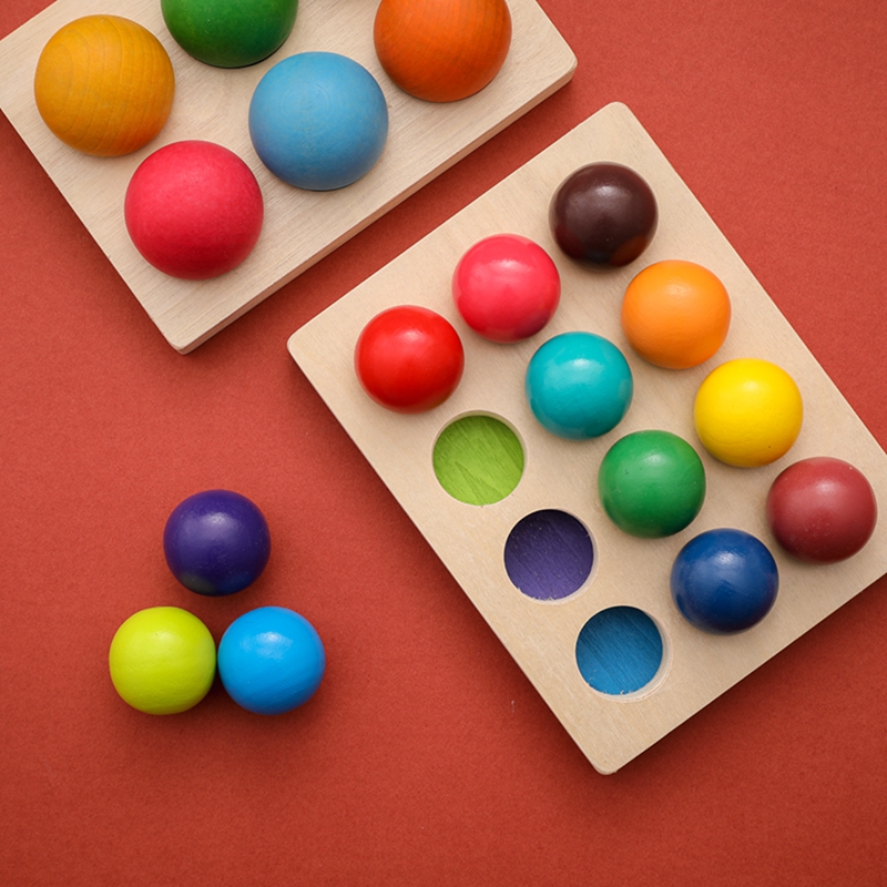 1Set Wooden Rainbow Matching Ball Montessori Color Sorting Board Educational Color Cognitive Game For Children Birthday Gift