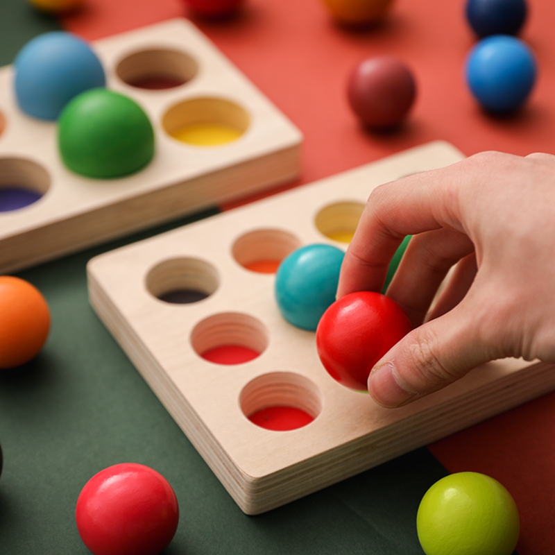 1Set Wooden Rainbow Matching Ball Montessori Color Sorting Board Educational Color Cognitive Game For Children Birthday Gift