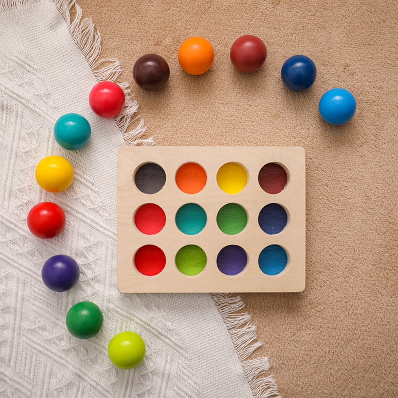 1Set Wooden Rainbow Matching Ball Montessori Color Sorting Board Educational Color Cognitive Game For Children Birthday Gift
