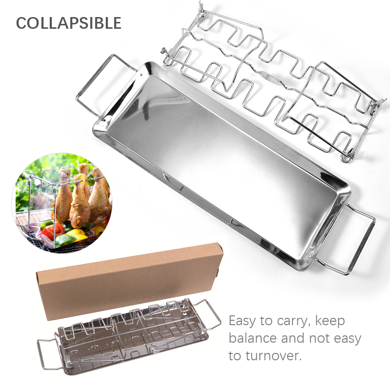 14 Slots Stainless Steel BBQ Beef Chicken Leg Wing Grill Rack Barbecue Drumsticks Holder Smoker Oven Roaster Stand with Drip Pan