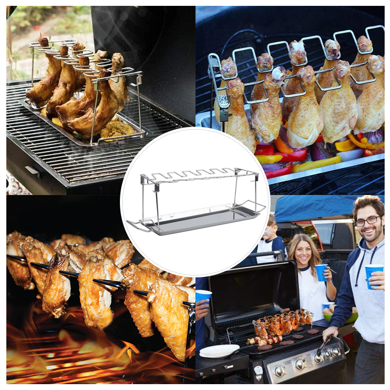 14 Slots Stainless Steel BBQ Beef Chicken Leg Wing Grill Rack Barbecue Drumsticks Holder Smoker Oven Roaster Stand with Drip Pan
