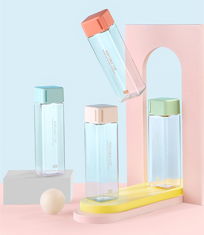Sports Bottles Square Plastic Frosted Water Cup Outdoor Cold Juice Water Sports Cup with Portable Milk Rope Water Bottle