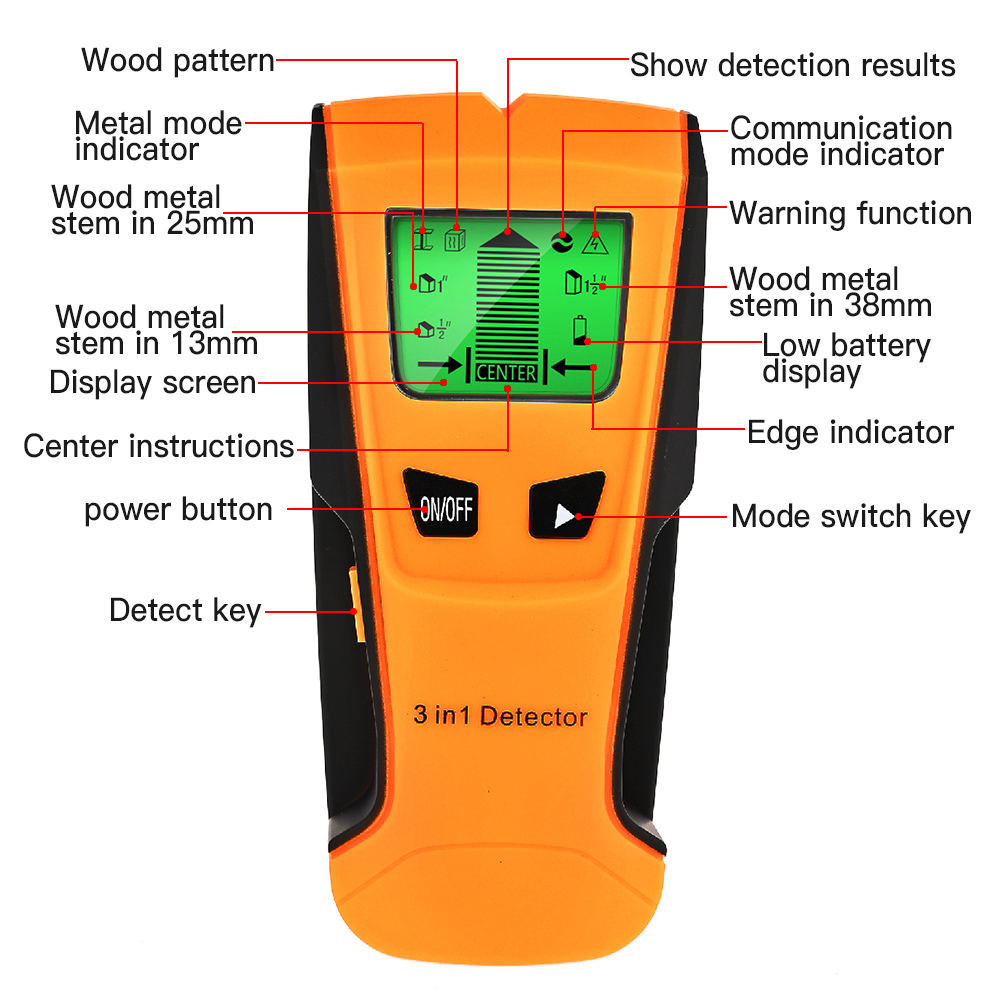 3 in 1 Metal Detector LCD Display Multifunctional Wall Detector Find Wooden Pin Metal Cable Detector Wall Scanner wit AC Warning