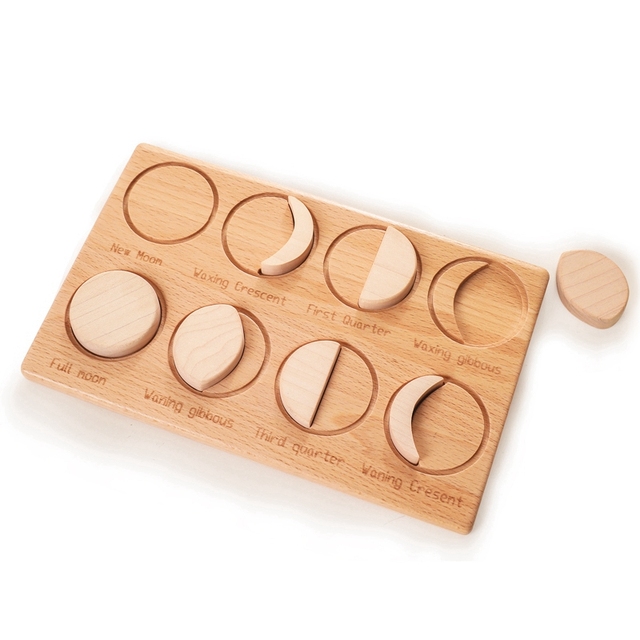 1Set Baby Montessori Science Toys Wooden Moon Puzzle Board  8 Moon Phases Changes Moon Figures Puzzle Children's toys Baby Birth
