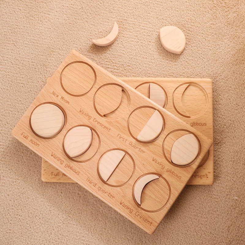 1Set Baby Montessori Science Toys Wooden Moon Puzzle Board  8 Moon Phases Changes Moon Figures Puzzle Children's toys Baby Birth
