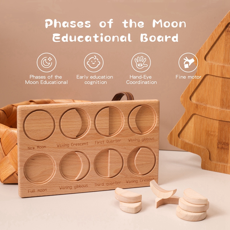 1Set Baby Montessori Science Toys Wooden Moon Puzzle Board  8 Moon Phases Changes Moon Figures Puzzle Children's toys Baby Birth