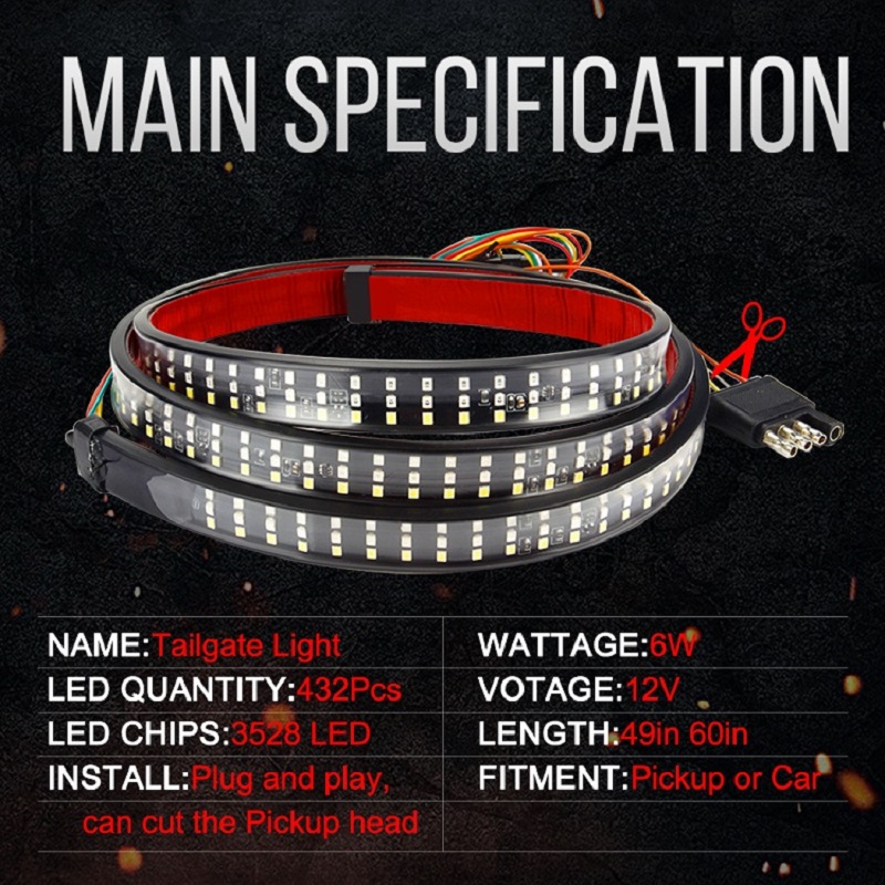 12V 49inch/60inch Car Brake Turn Light Warning Signal Flexible LED Strip Rear Tail Running Reverse Double Flash Lights Red