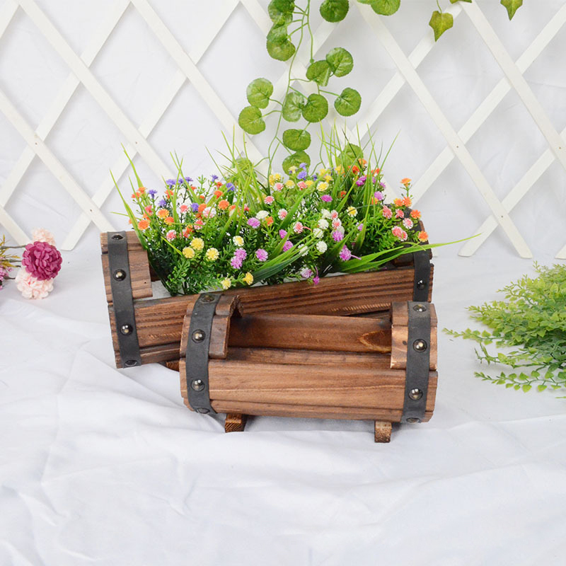 Retro Style Half-barrel Solid Wood Flower Pot Balcony Vegetable Succulent Wood Flower Pot Desktop Plant Home Bonsai Decoration