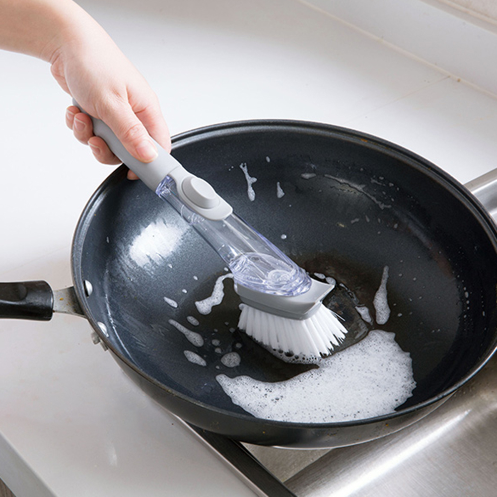 Long Handle Cleaning Brushes Automatic Filling with Liquid Dispenser Pot Washing Brush Stove Cleaning Brush for Home Accessories