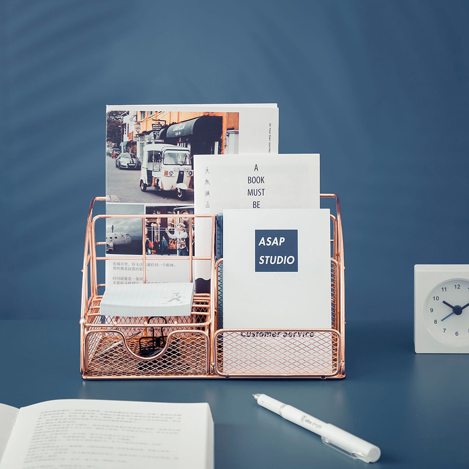 Desktop Storage Box Rose Gold Mesh Metal Office Supplies Accessories with Drawer for Home Office Makeup Organizer