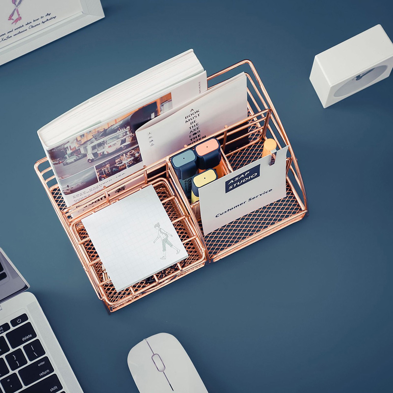 Desktop Storage Box Rose Gold Mesh Metal Office Supplies Accessories with Drawer for Home Office Makeup Organizer