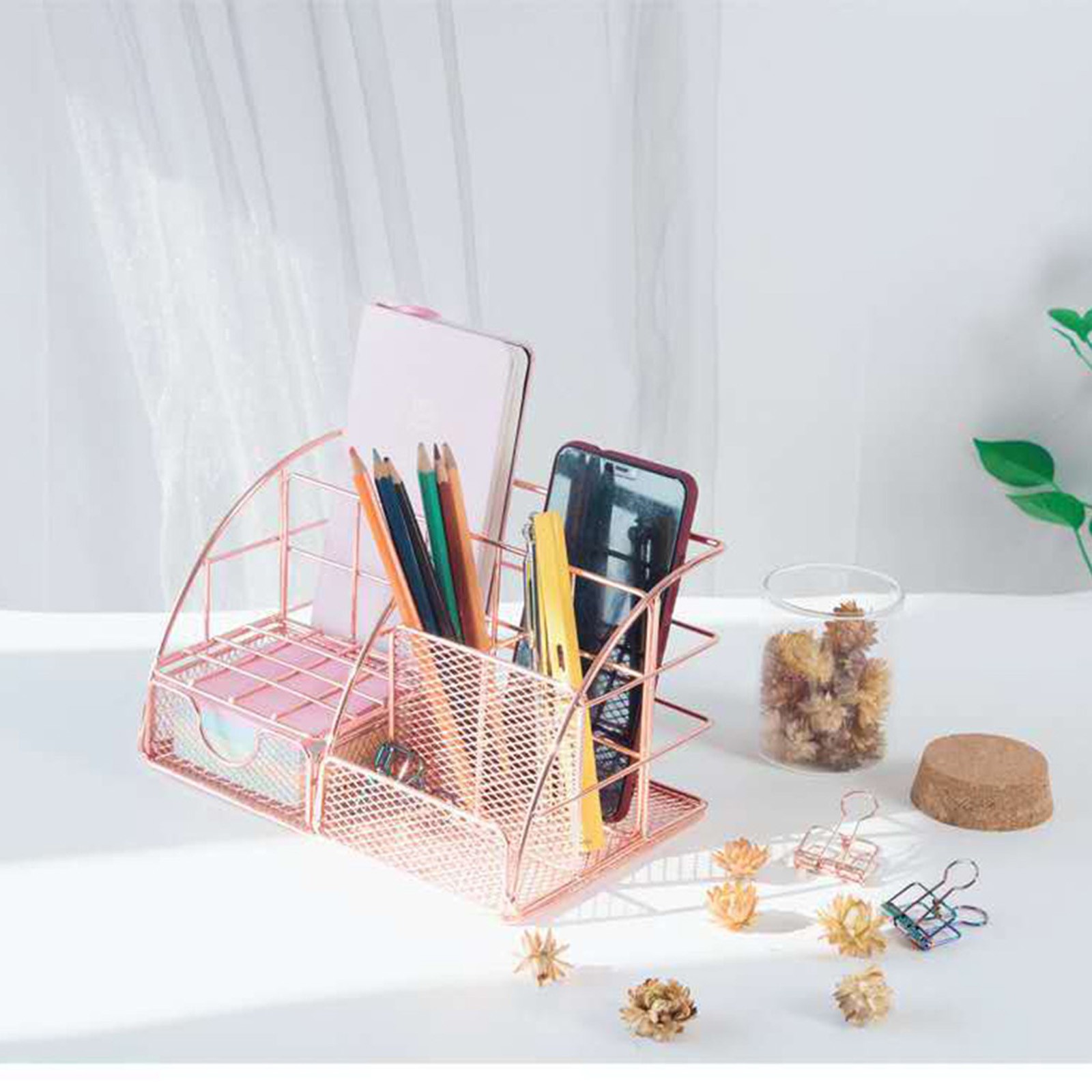 Desktop Storage Box Rose Gold Mesh Metal Office Supplies Accessories with Drawer for Home Office Makeup Organizer