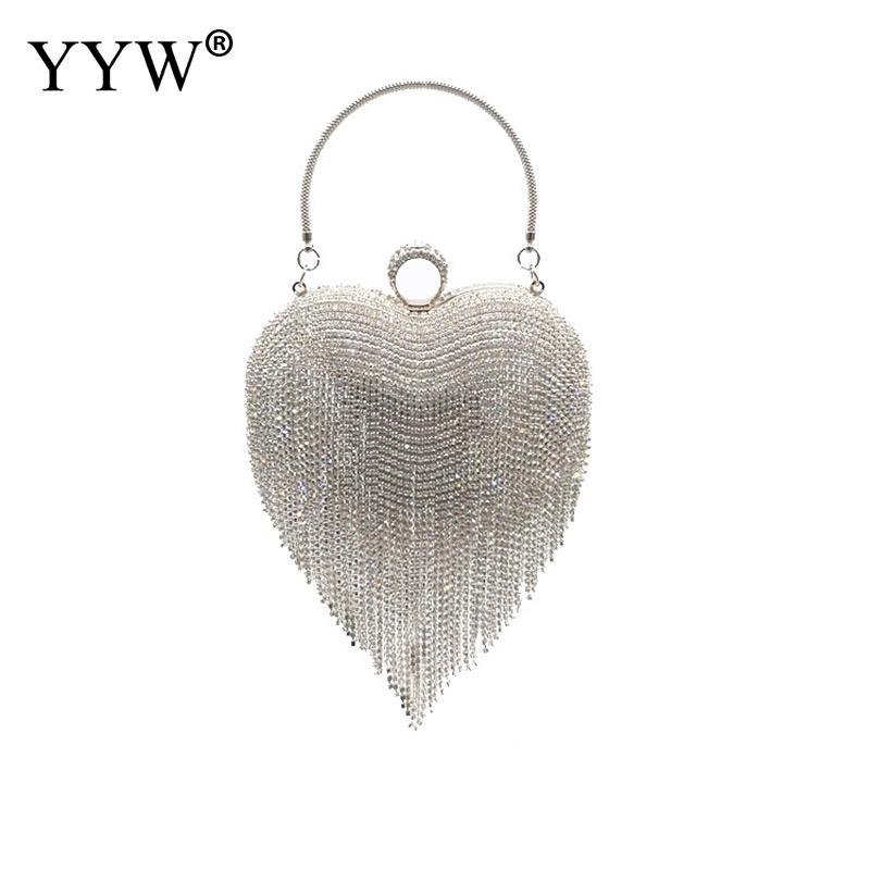 silver Heart Tassel Clutch Bag For Women 2020 luxury rainstone Evening Party Wedding Handbag Purse Metal Tote bridal Clutch
