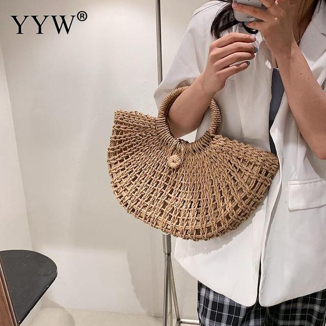 Moon Shape Handmade Bags for Women Weaving Ladies Straw Bag Large Women Handbags Straw Bag Clutch Top Handle Handbags Hollow