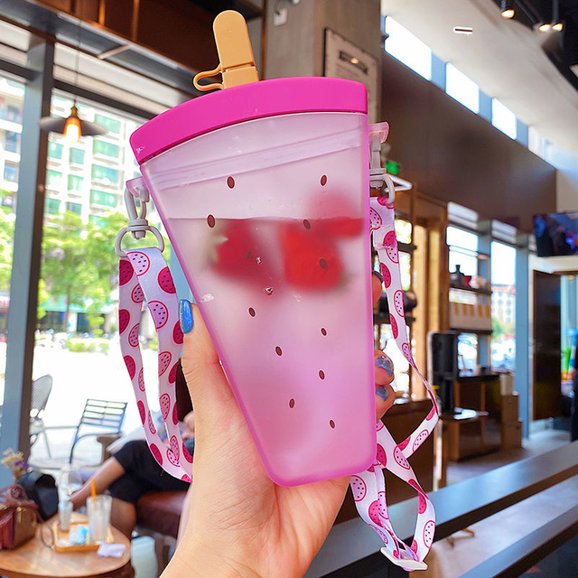 Summer Plastic Water Bottles Cute Watermelon Ice Cream Water Bottle with Straw Bottle Anti-fall Portable Popsicle Cup Kids Water