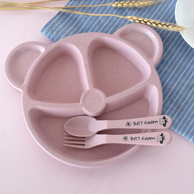 Baby Eating Bowl+Fork+Spoon Food Feeding Kids Cartoons Bear Baby Dishes Anti-Hot Dining Training Plate Children Dinnerware Set