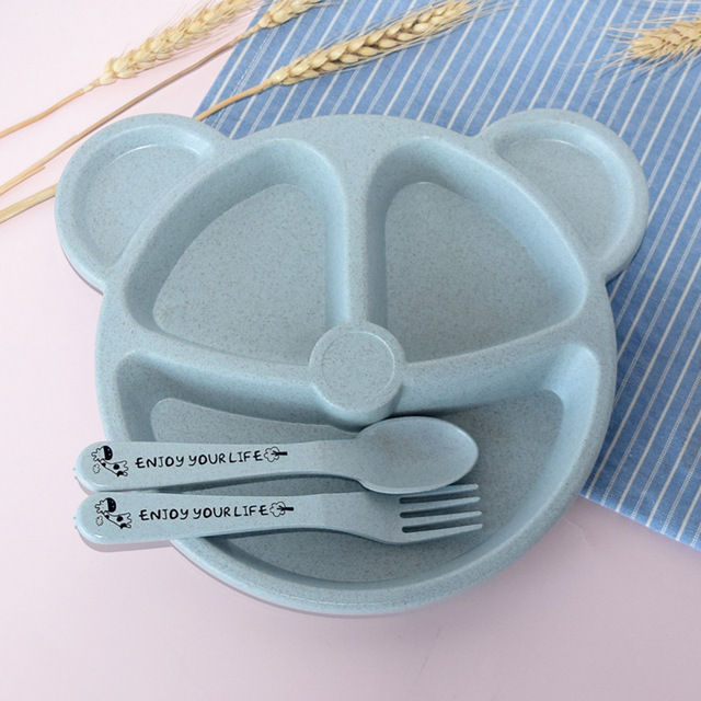 Baby Eating Bowl+Fork+Spoon Food Feeding Kids Cartoons Bear Baby Dishes Anti-Hot Dining Training Plate Children Dinnerware Set