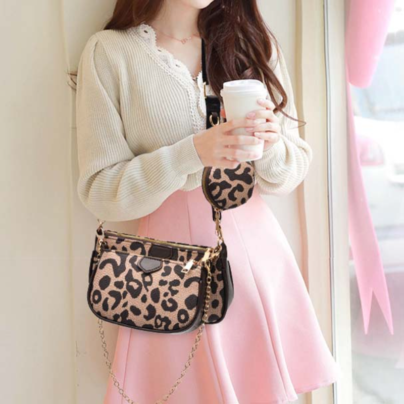 Leopard Chain Shoulder Bags For Women Multiple Accessories Leather Women's Handbags Fashion Crossbody Bags Retro Ladies Handbag