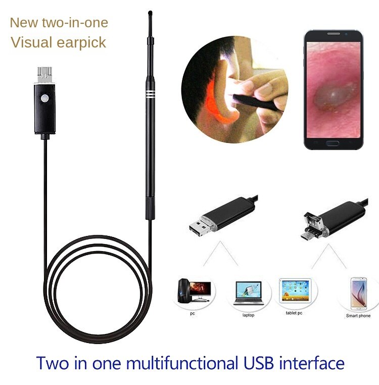 Waterproof macro camera for 2m pipeline auto repair 5.5mm 2 In 1 Children's Ear Canal Hose Endoscope Visual Endoscope Camera Light-emitting Ear Scoop Ear Digging Hose