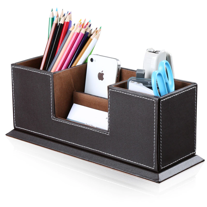 Pen holder Solid leather double pen holder WBBOOMING Plastic Home Office Bathroom Storage Box Grid Desktop Sundries Storage Box Makeup Organizer Cosmetic Closet Bin Case