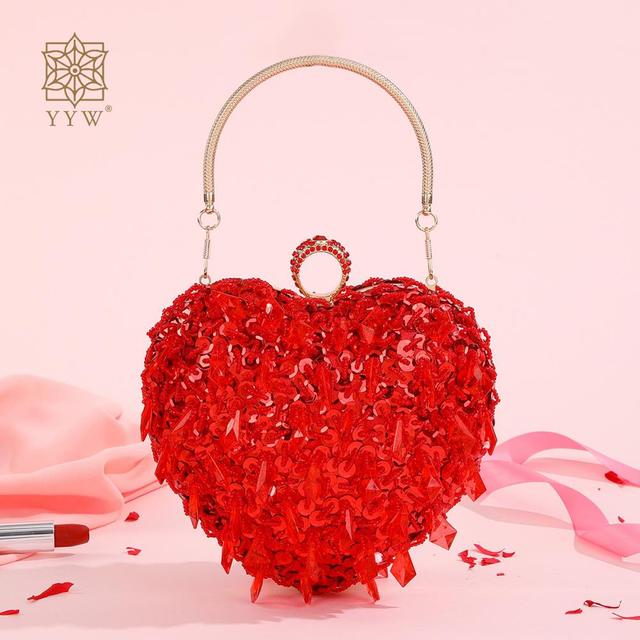 Bling Diamond Crystal Bag For Women Wedding Party Handbag Red Sequins Beading Clutch Heart Shape Chain Shoulder Crossbody Bags