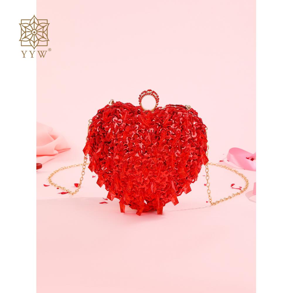 Bling Diamond Crystal Bag For Women Wedding Party Handbag Red Sequins Beading Clutch Heart Shape Chain Shoulder Crossbody Bags