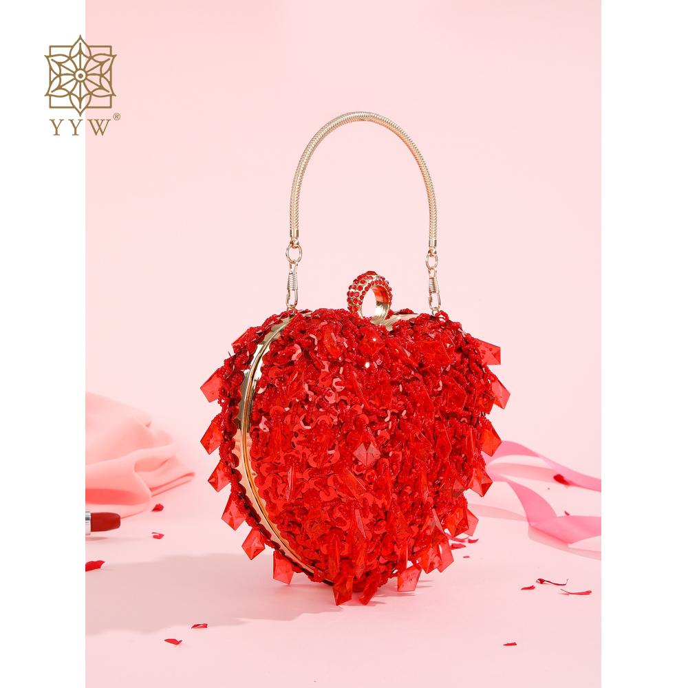 Bling Diamond Crystal Bag For Women Wedding Party Handbag Red Sequins Beading Clutch Heart Shape Chain Shoulder Crossbody Bags
