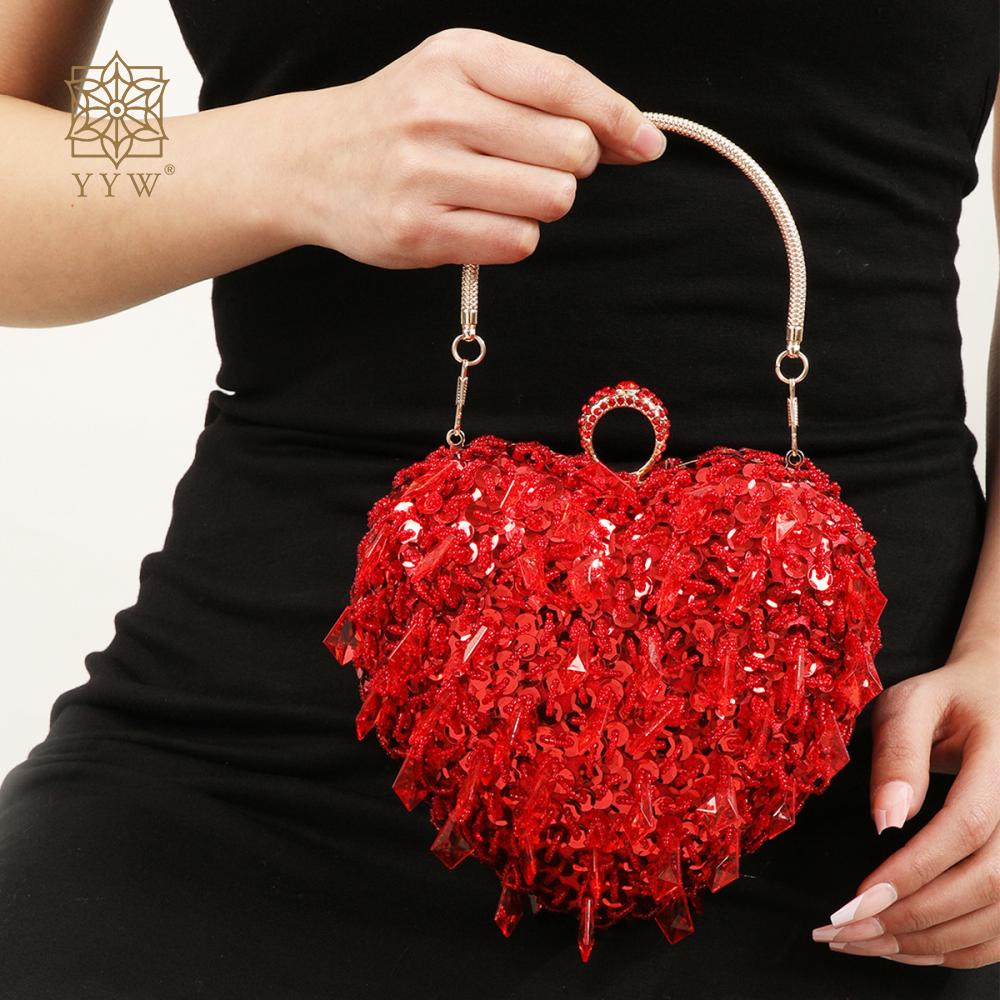 Bling Diamond Crystal Bag For Women Wedding Party Handbag Red Sequins Beading Clutch Heart Shape Chain Shoulder Crossbody Bags