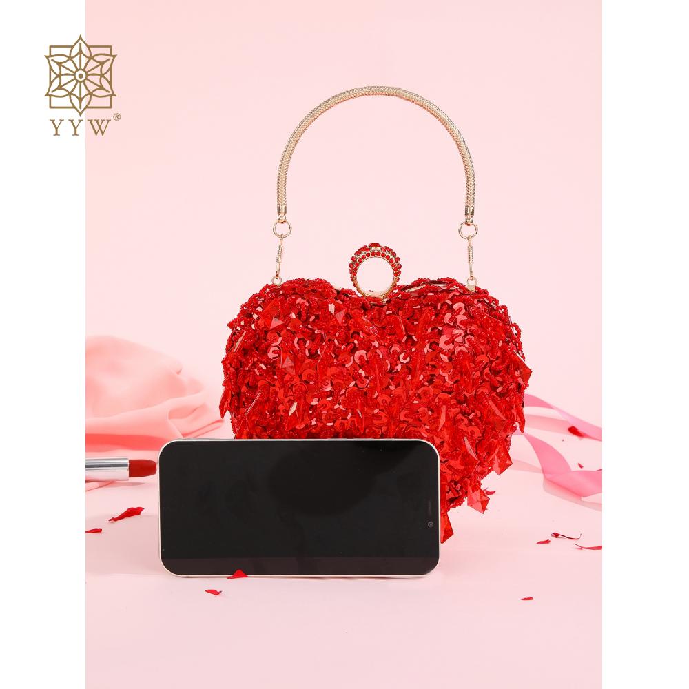 Bling Diamond Crystal Bag For Women Wedding Party Handbag Red Sequins Beading Clutch Heart Shape Chain Shoulder Crossbody Bags