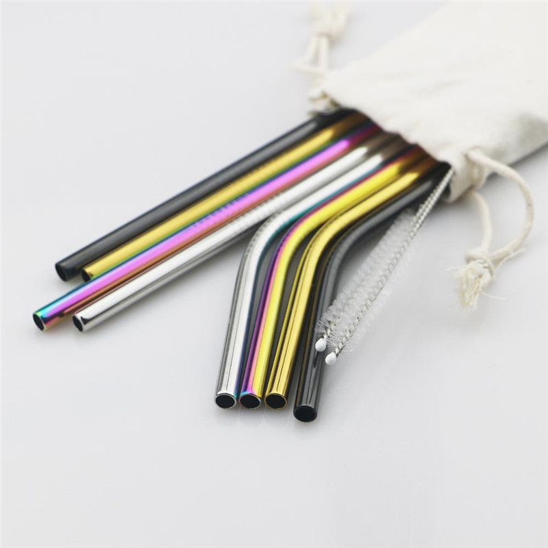 304 Stainless Steel Straight Drinking Straw Sturdy Bent Reusable Metal Straws With Cleaner Brush Bar tools Kitchen Accessories