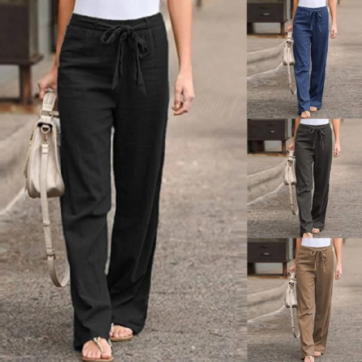 Kola Store's  New Linen Cotton Casual Solid Pants Women Pants Summer Fashion Wide Legs Elastic Waist Female Straight Pants Ladies Loose Trousers