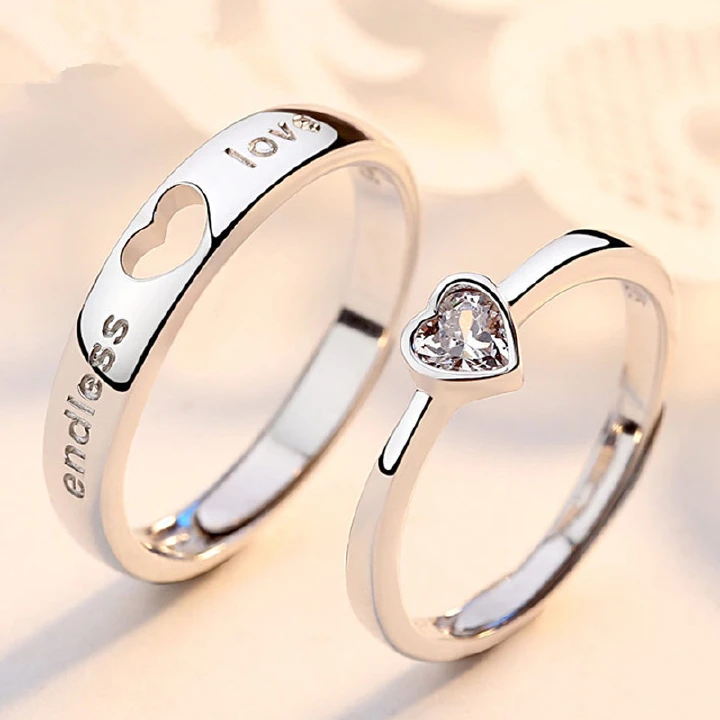 2PCS/SET Lovers' ring with diamond opening ring Silver ring Love to ring couple ring gift