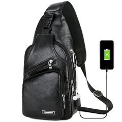 USB Charging Chest Bag with Headset Hole Men's Multifunction Single Strap Anti-theft Chest Bag with Adjustable Shoulder Strap Black