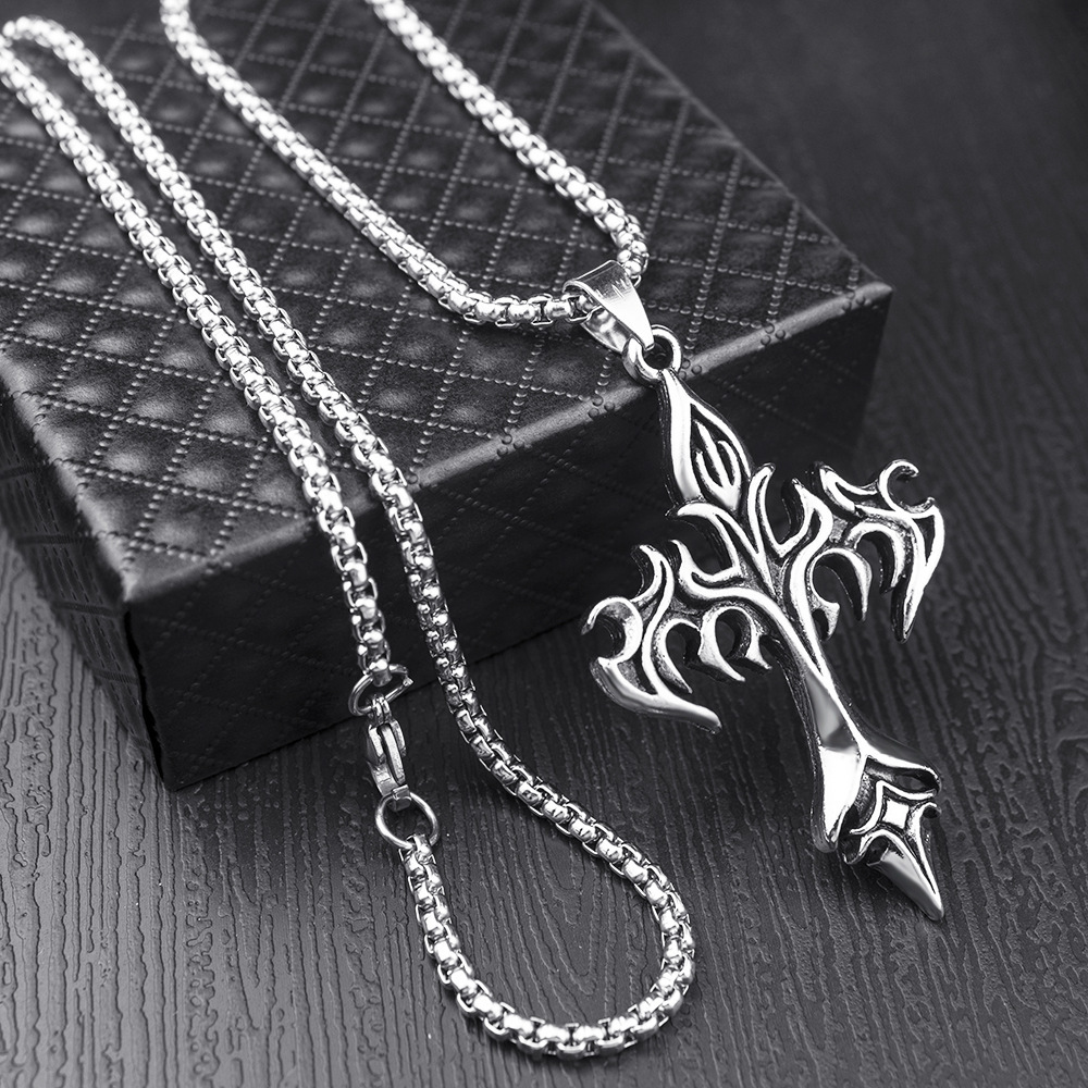 New  Punk Jewelry Accessories Stainless Steel Necklace Vintage Flame Cross Pendant Necklace for Women Men Silver