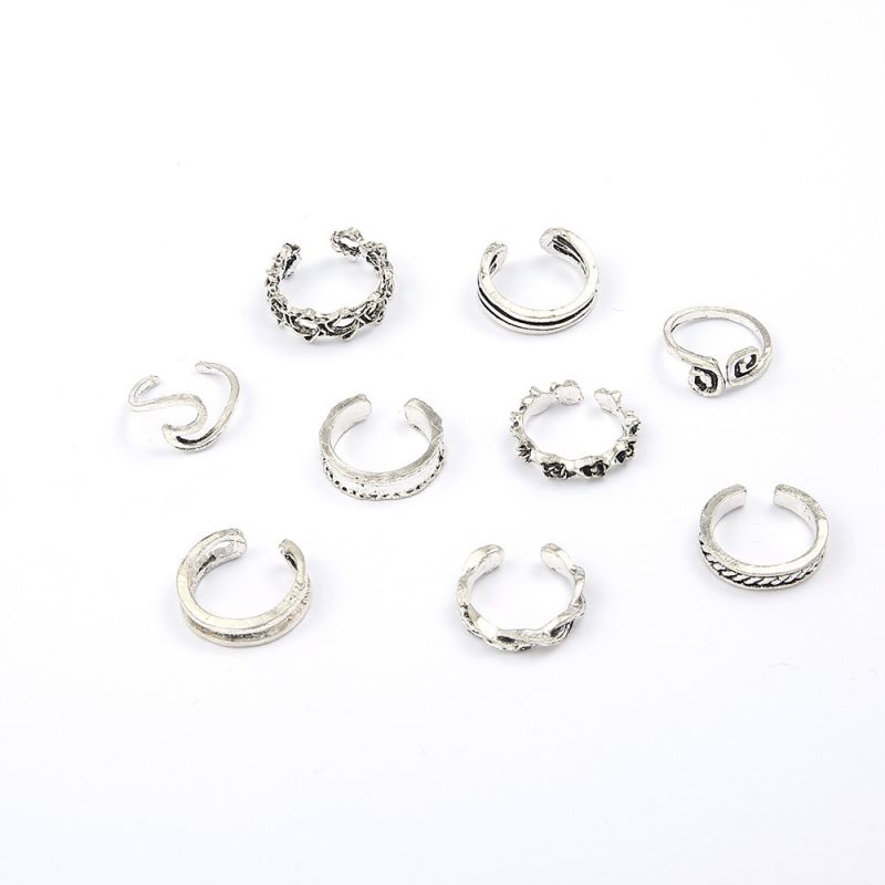 9Pcs/set Foot Ring Open Adjustable Toe Rings Wave Pattern Alloy Ring Adjustable Rings Set for Women Beach Foot Jewelry 9-piece Set