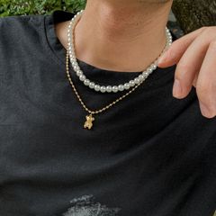 Men's Fashion Necklace Creative Double Layer Pearl Bear Pendant Simple Choker Chain Stitching Exquisite Male Necklace Collar Gift Gold