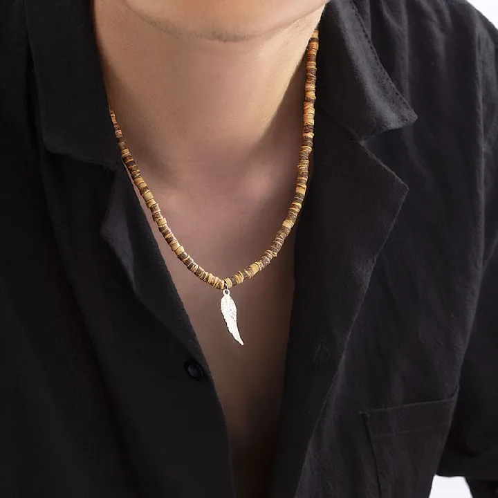 Men's Feather Pendant Coconut Shell Wood Beaded Necklace Bohemian Style Jewelry Gifts