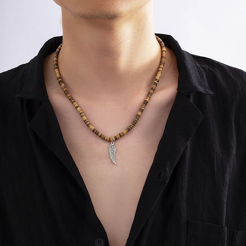 Men's Feather Pendant Coconut Shell Wood Beaded Necklace Bohemian Style Jewelry Gifts