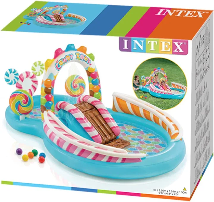 Intex Candy Zone Play Center Inflatable Rubber Swimming Pool, Multi Color  |  Includes Waterslide, 2 Lollipops, Rails For Balls Rolling Down, And 6 Balls  |  Recommended age ‎36 months - 12 years