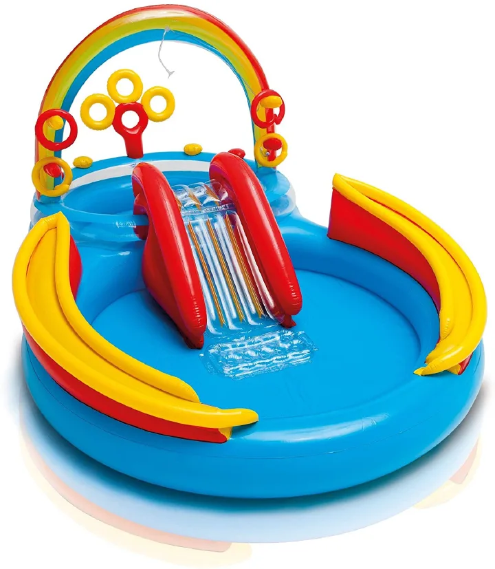 Intex 9.75ft x 6.3ft x 53in Rainbow Slide Kids Play Inflatable Pool Ring Center    |    With Built-in sprayer plugs into standard garden hose    |    Intex Rainbow Ring Inflatable Play Center Age 2+